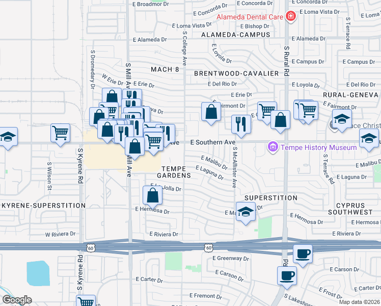 map of restaurants, bars, coffee shops, grocery stores, and more near 314 East Laguna Drive in Tempe