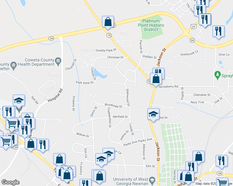 map of restaurants, bars, coffee shops, grocery stores, and more near 8 Evergreen Drive in Newnan