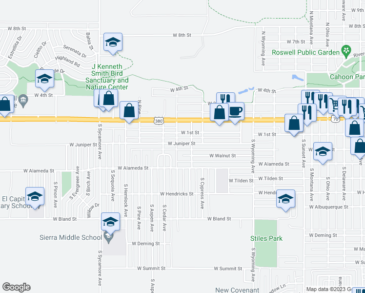 map of restaurants, bars, coffee shops, grocery stores, and more near 1906 West Juniper Street in Roswell