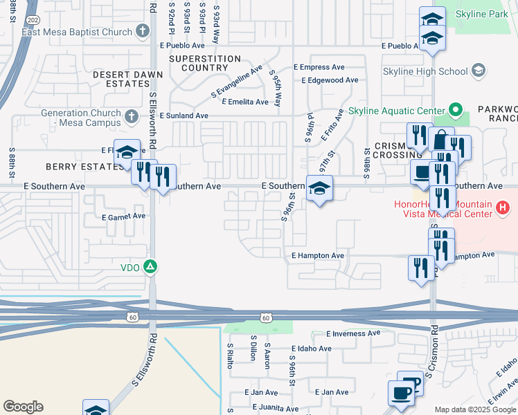 map of restaurants, bars, coffee shops, grocery stores, and more near 291 South Aaron in Mesa