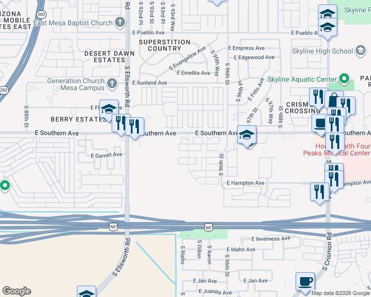 map of restaurants, bars, coffee shops, grocery stores, and more near 96 South Rialto in Mesa