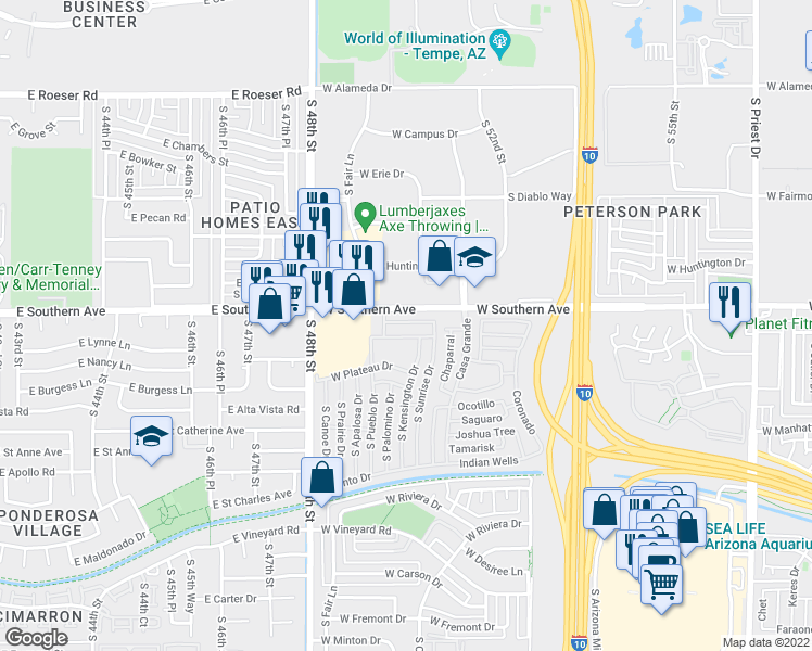 map of restaurants, bars, coffee shops, grocery stores, and more near 2609 West Southern Avenue in Tempe