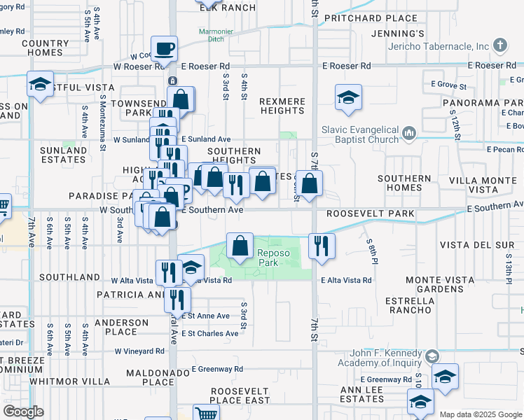 map of restaurants, bars, coffee shops, grocery stores, and more near 449 East Southern Avenue in Phoenix