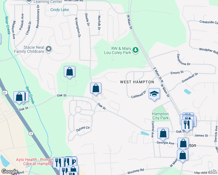 map of restaurants, bars, coffee shops, grocery stores, and more near 109 Jay Lane in Hampton