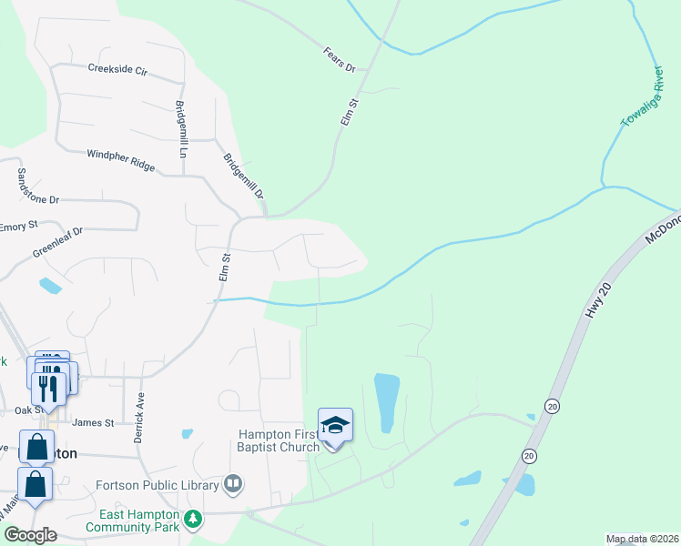 map of restaurants, bars, coffee shops, grocery stores, and more near 318 Lacebark Lane in Hampton