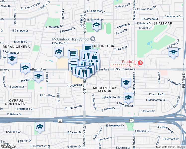 map of restaurants, bars, coffee shops, grocery stores, and more near 1817 East Southern Avenue in Tempe
