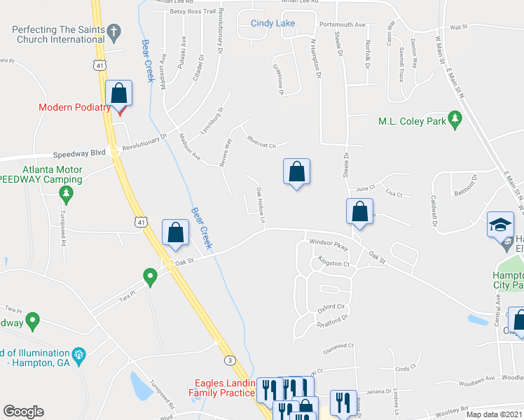 map of restaurants, bars, coffee shops, grocery stores, and more near 1111 Oak Hollow Lane in Hampton