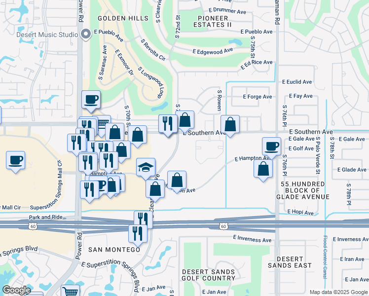 map of restaurants, bars, coffee shops, grocery stores, and more near 7211 E Southern Ave in Mesa