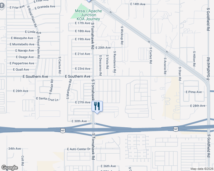map of restaurants, bars, coffee shops, grocery stores, and more near 2605 South Tomahawk Road in Apache Junction