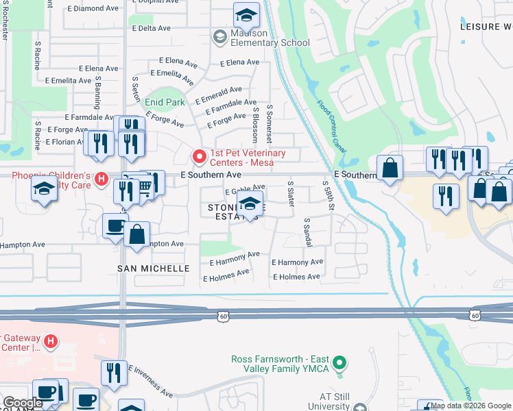 map of restaurants, bars, coffee shops, grocery stores, and more near 5547 East Garnet Avenue in Mesa