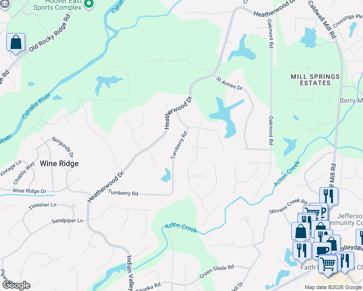 map of restaurants, bars, coffee shops, grocery stores, and more near 384 Turnberry Road in Hoover