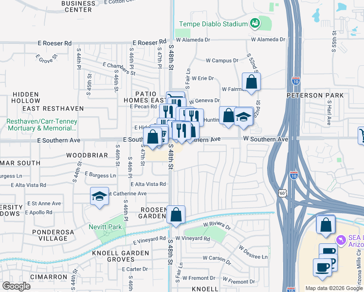 map of restaurants, bars, coffee shops, grocery stores, and more near 3259 South 48th Street in Tempe