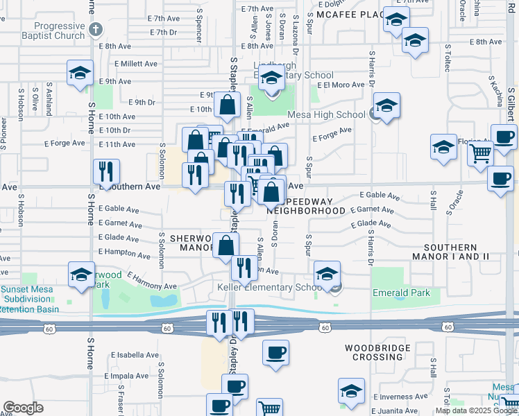 map of restaurants, bars, coffee shops, grocery stores, and more near 1223 East Southern Avenue in Mesa
