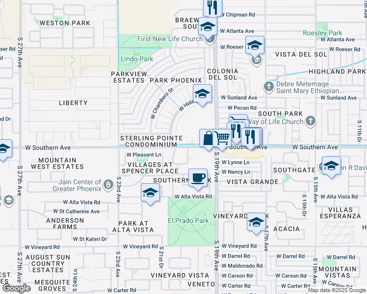 map of restaurants, bars, coffee shops, grocery stores, and more near 2050 West Southern Avenue in Phoenix