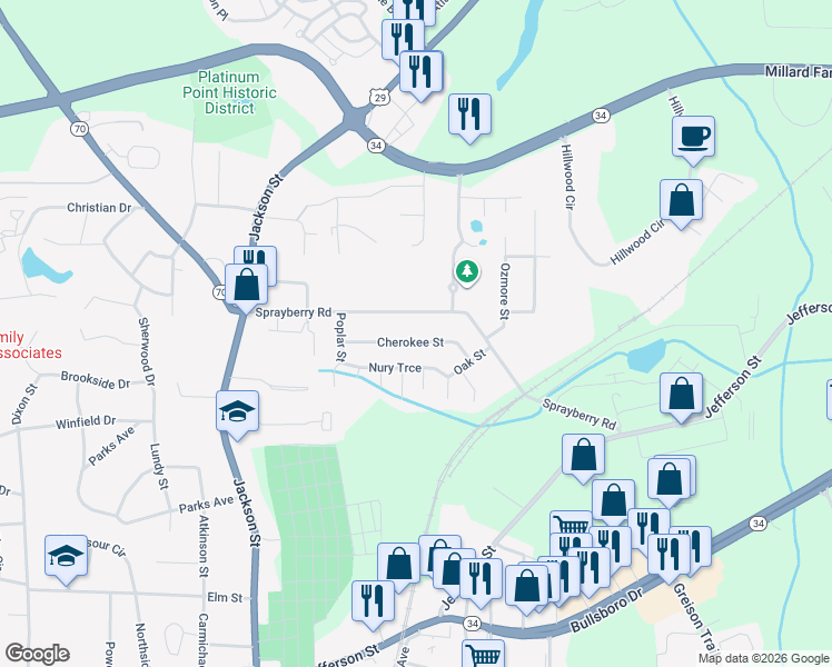 map of restaurants, bars, coffee shops, grocery stores, and more near 42 Sprayberry Road in Newnan