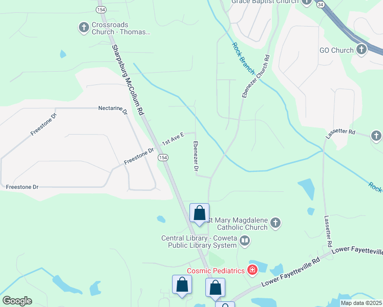 map of restaurants, bars, coffee shops, grocery stores, and more near 70 Ebenezer Drive in Newnan