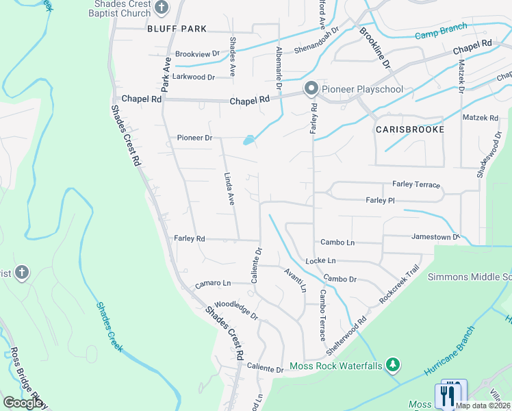 map of restaurants, bars, coffee shops, grocery stores, and more near 2233 Farley Road in Birmingham