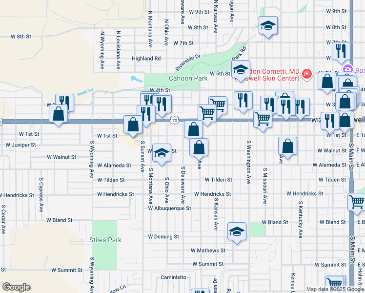 map of restaurants, bars, coffee shops, grocery stores, and more near 110 South Delaware Avenue in Roswell