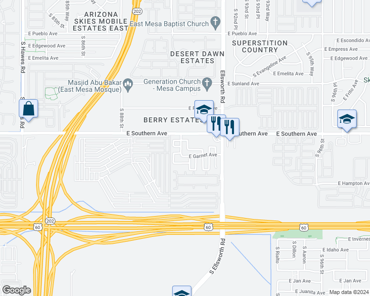 map of restaurants, bars, coffee shops, grocery stores, and more near 1238 South Mansard in Mesa