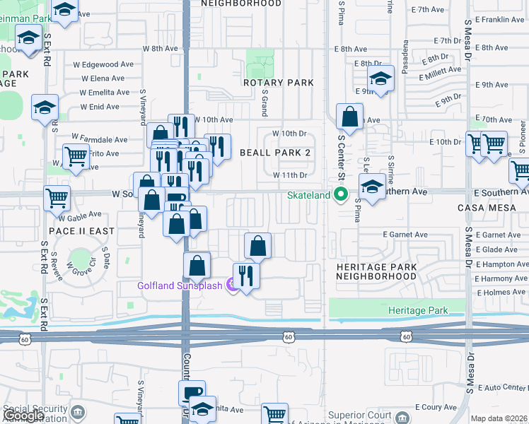 map of restaurants, bars, coffee shops, grocery stores, and more near 235 West Southern Avenue in Mesa