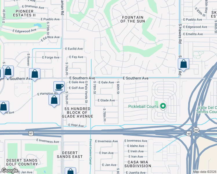 map of restaurants, bars, coffee shops, grocery stores, and more near 7940 East Gale Avenue in Mesa