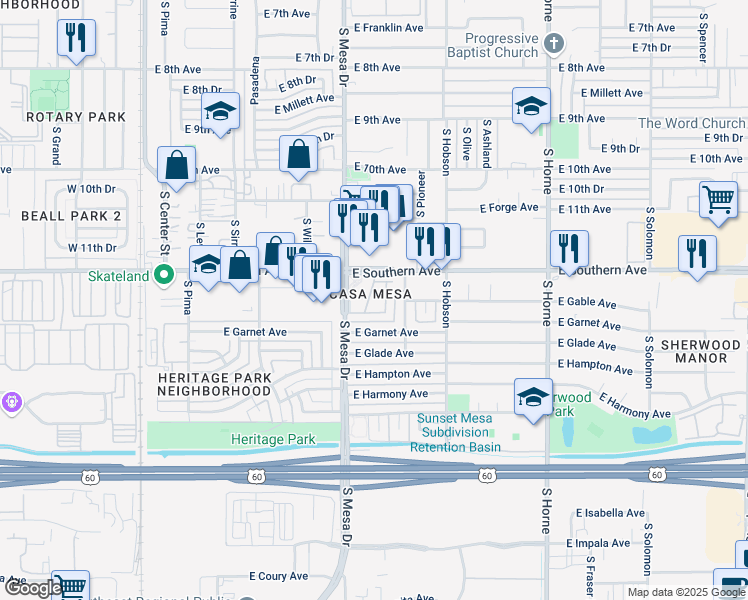 map of restaurants, bars, coffee shops, grocery stores, and more near 417 East Southern Avenue in Mesa