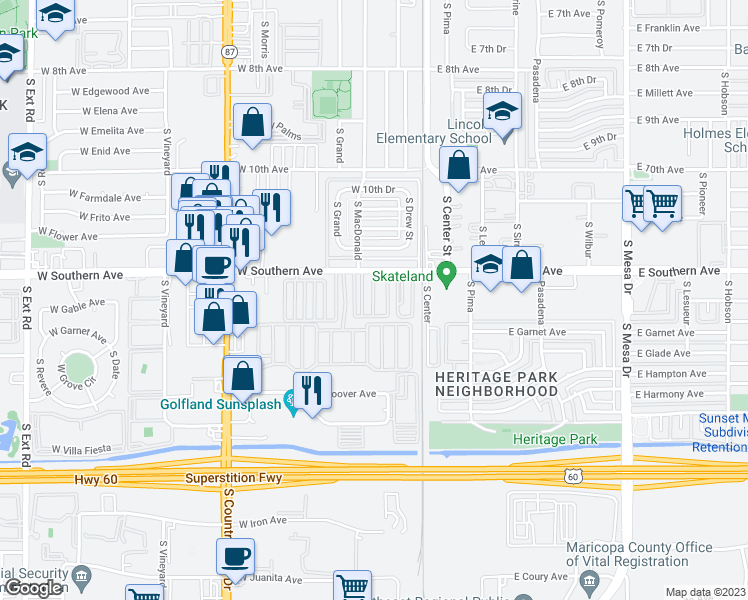 map of restaurants, bars, coffee shops, grocery stores, and more near 89 West Southern Avenue in Mesa