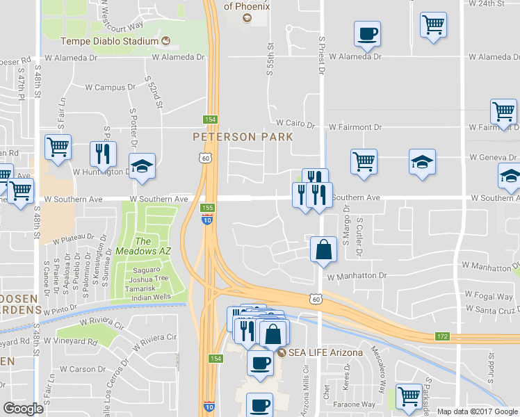 map of restaurants, bars, coffee shops, grocery stores, and more near in Tempe