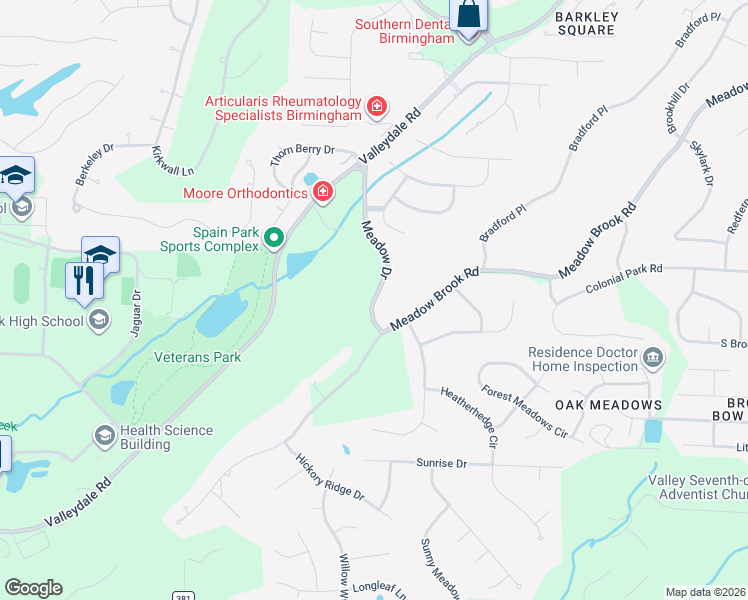 map of restaurants, bars, coffee shops, grocery stores, and more near 816 Meadow Drive in Birmingham