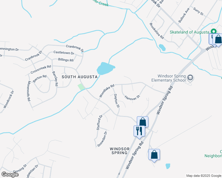 map of restaurants, bars, coffee shops, grocery stores, and more near 3552 Woodlake Road in Hephzibah