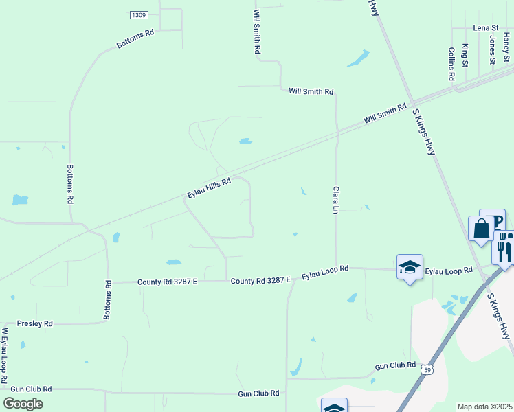 map of restaurants, bars, coffee shops, grocery stores, and more near 655 Eylau Hills Road in Texarkana