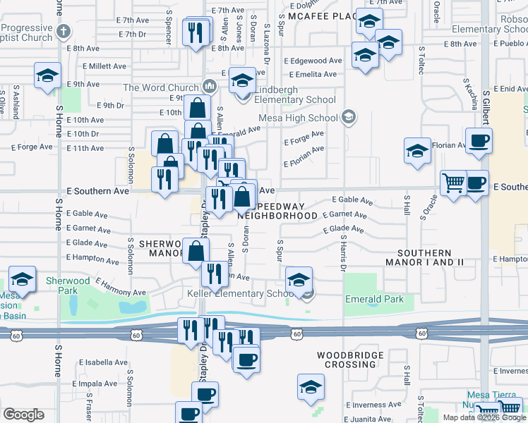 map of restaurants, bars, coffee shops, grocery stores, and more near 1216 South Doran in Mesa