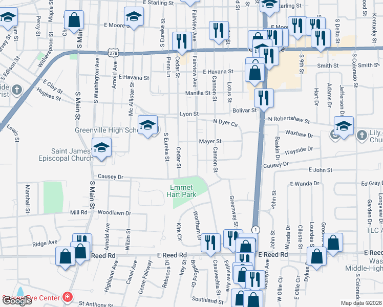 map of restaurants, bars, coffee shops, grocery stores, and more near 539 Mayer Street in Greenville