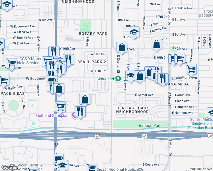 map of restaurants, bars, coffee shops, grocery stores, and more near 29 West Southern Avenue in Mesa