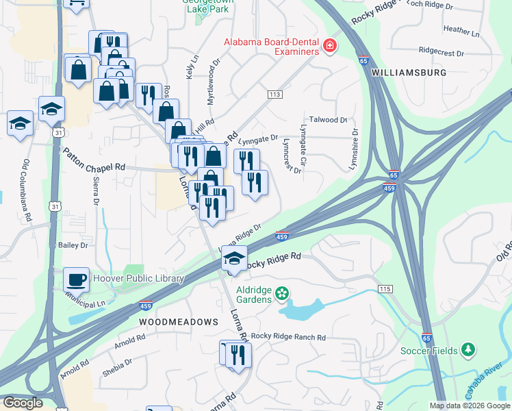 map of restaurants, bars, coffee shops, grocery stores, and more near 2132 Lorna Ridge Ln in Birmingham
