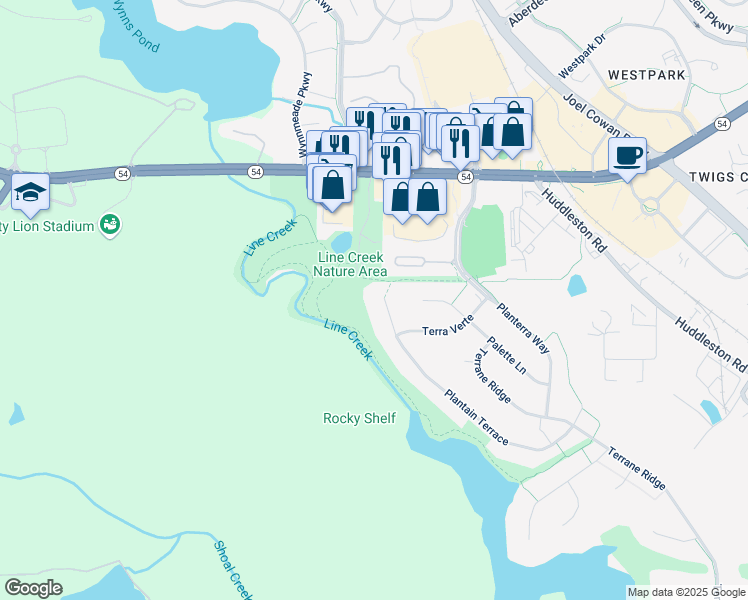map of restaurants, bars, coffee shops, grocery stores, and more near 458 Plantain Terrace in Peachtree City