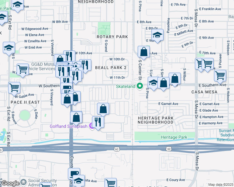 map of restaurants, bars, coffee shops, grocery stores, and more near 89 West Southern Avenue in Mesa