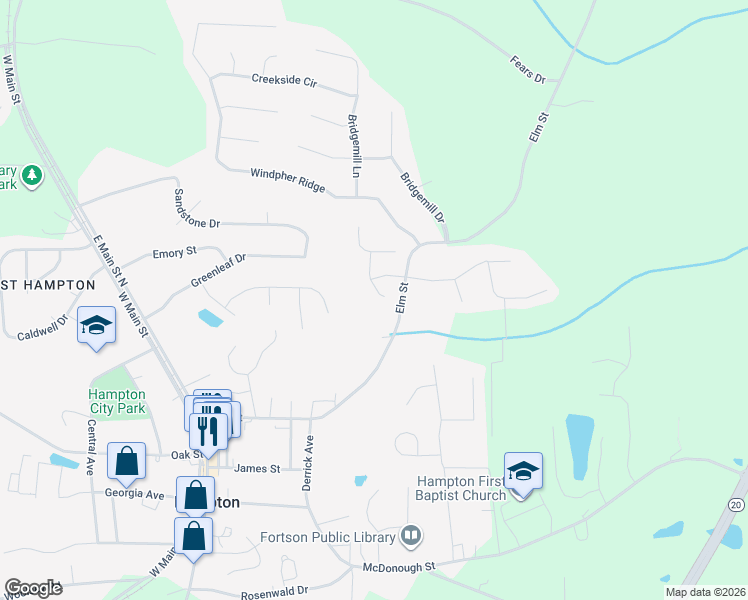 map of restaurants, bars, coffee shops, grocery stores, and more near 115 Meadow Creek Court in Hampton