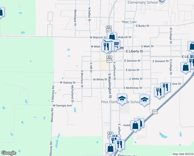 map of restaurants, bars, coffee shops, grocery stores, and more near 311 West Grove Street in Pilot Point
