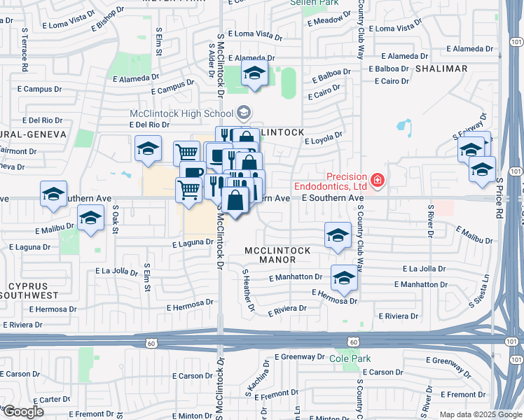 map of restaurants, bars, coffee shops, grocery stores, and more near 1855 East Southern Avenue in Tempe