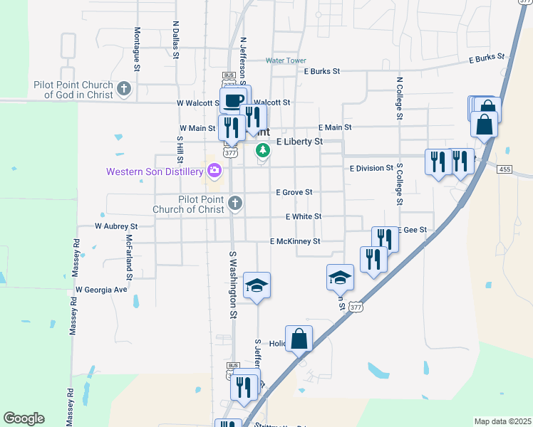 map of restaurants, bars, coffee shops, grocery stores, and more near 209 East Grove Street in Pilot Point