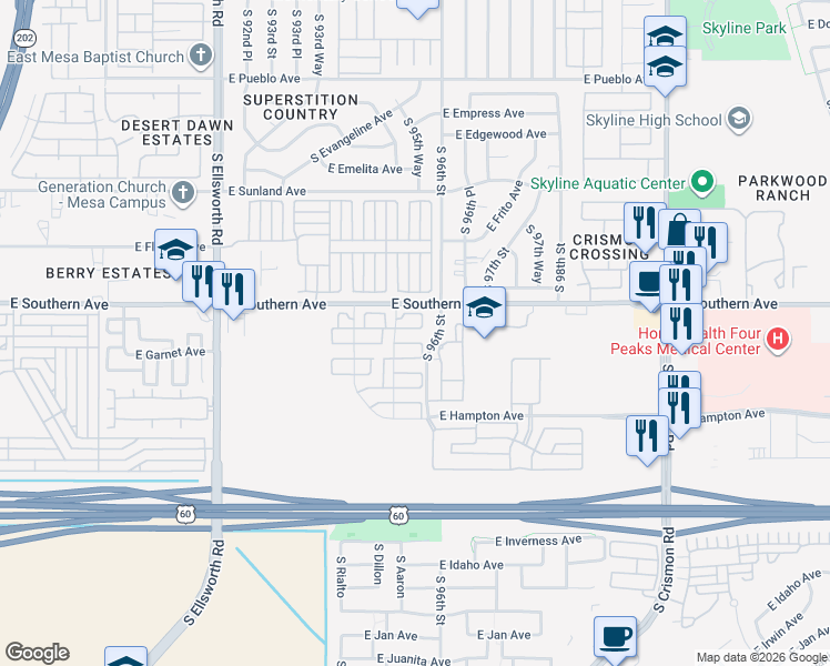 map of restaurants, bars, coffee shops, grocery stores, and more near 1265 South Aaron in Mesa