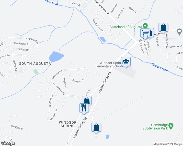 map of restaurants, bars, coffee shops, grocery stores, and more near 3522 Woodlake Road in Hephzibah