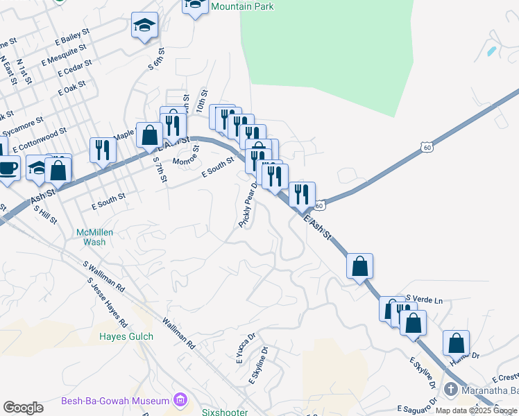map of restaurants, bars, coffee shops, grocery stores, and more near 1608 East Ash Street in Globe