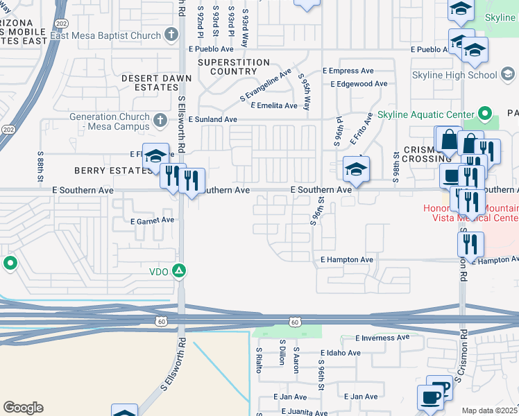 map of restaurants, bars, coffee shops, grocery stores, and more near 1250 South Rialto in Mesa