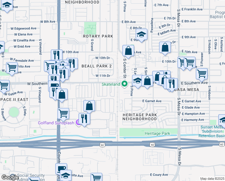 map of restaurants, bars, coffee shops, grocery stores, and more near 29 West Southern Avenue in Mesa