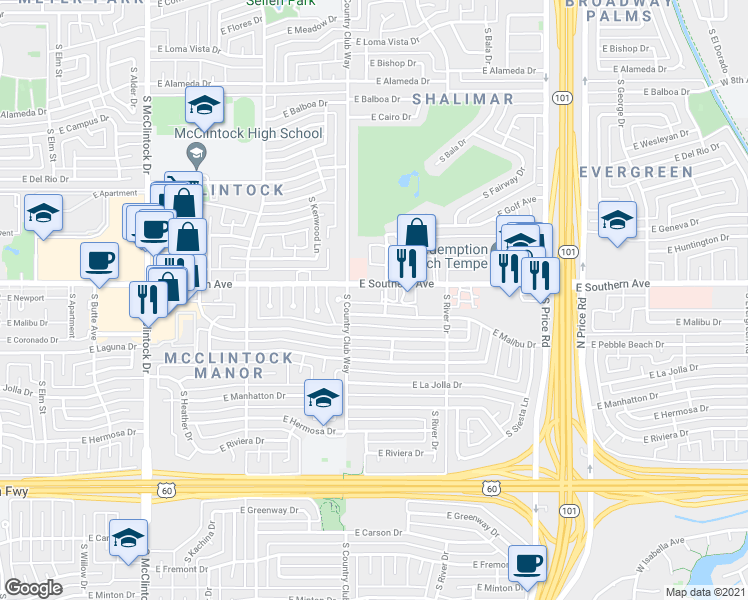 map of restaurants, bars, coffee shops, grocery stores, and more near in Tempe