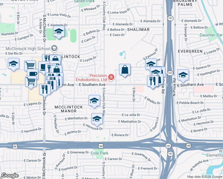 map of restaurants, bars, coffee shops, grocery stores, and more near in Tempe