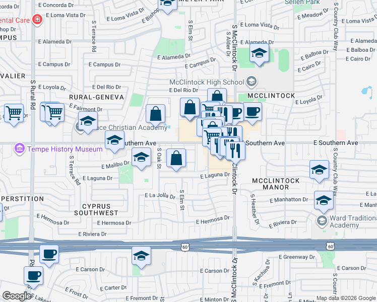 map of restaurants, bars, coffee shops, grocery stores, and more near 1528 East Southern Avenue in Tempe