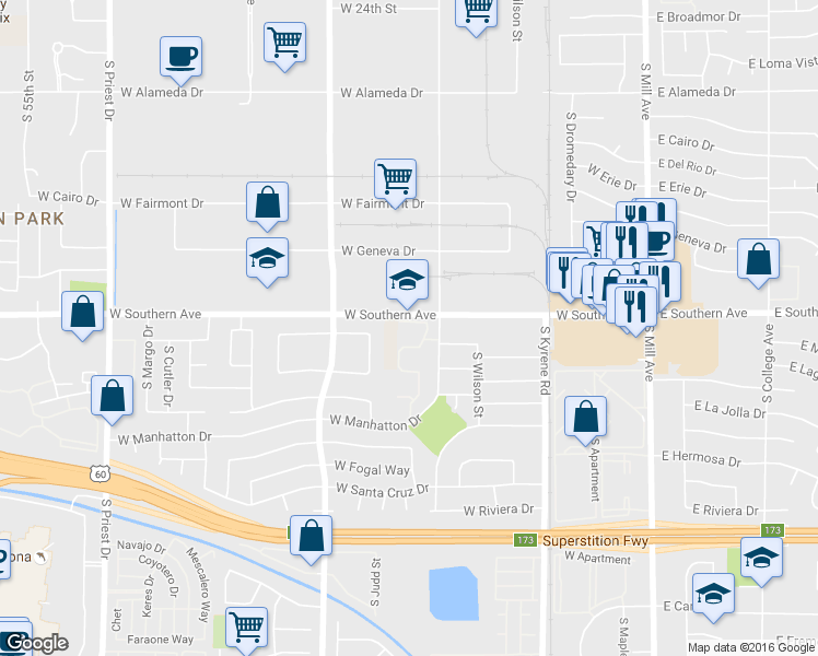 map of restaurants, bars, coffee shops, grocery stores, and more near 750 West Southern Avenue in Tempe